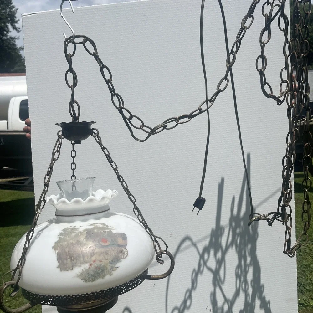 Vtg Aladdin Electric Milk Glass Library Hanging Lamp Chandelier 10
